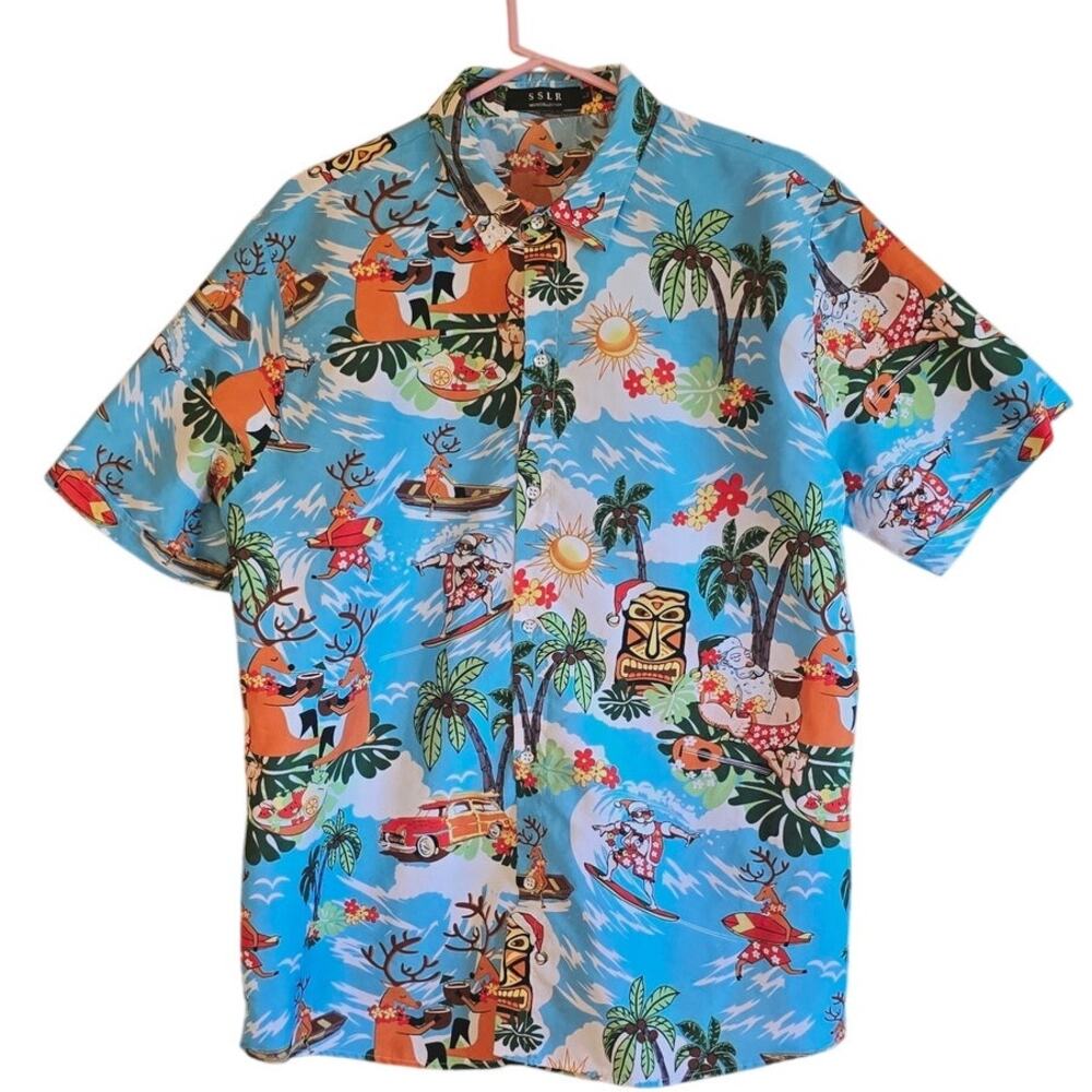 SSLR hawaiian surfing santa tropical button down shirt size large